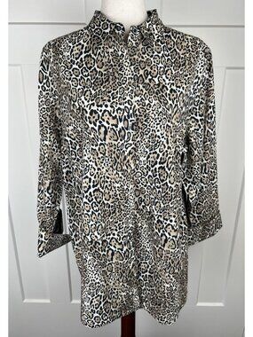 Chico’s No Iron Animal Print Shirt Size 3 Leopard Button Front Cotton Blouse